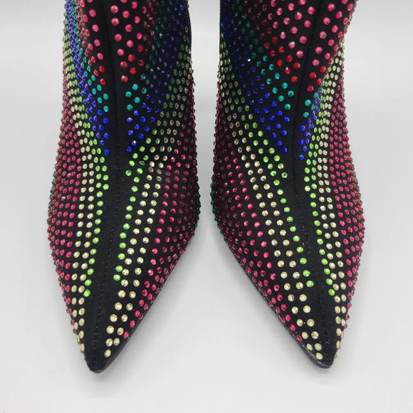 JustFab Black Rainbow Rhinestone Embellished Pointed Toe Stiletto Boots 8 - Picture 5 of 16